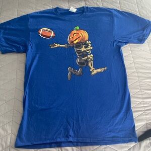 Blue Halloween Football Skeleton Graphic T-Shirt